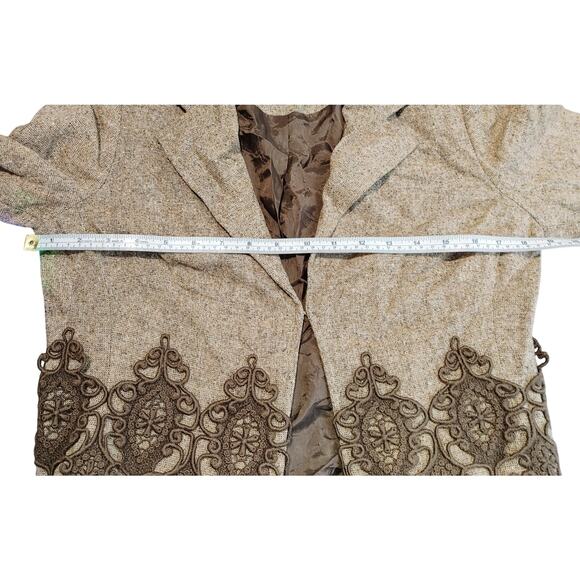 Karen Kane Lifestyle Wool Silk Crop Blazer Embroidered Lace Trim Brown Womens 6 - Picture 7 of 7